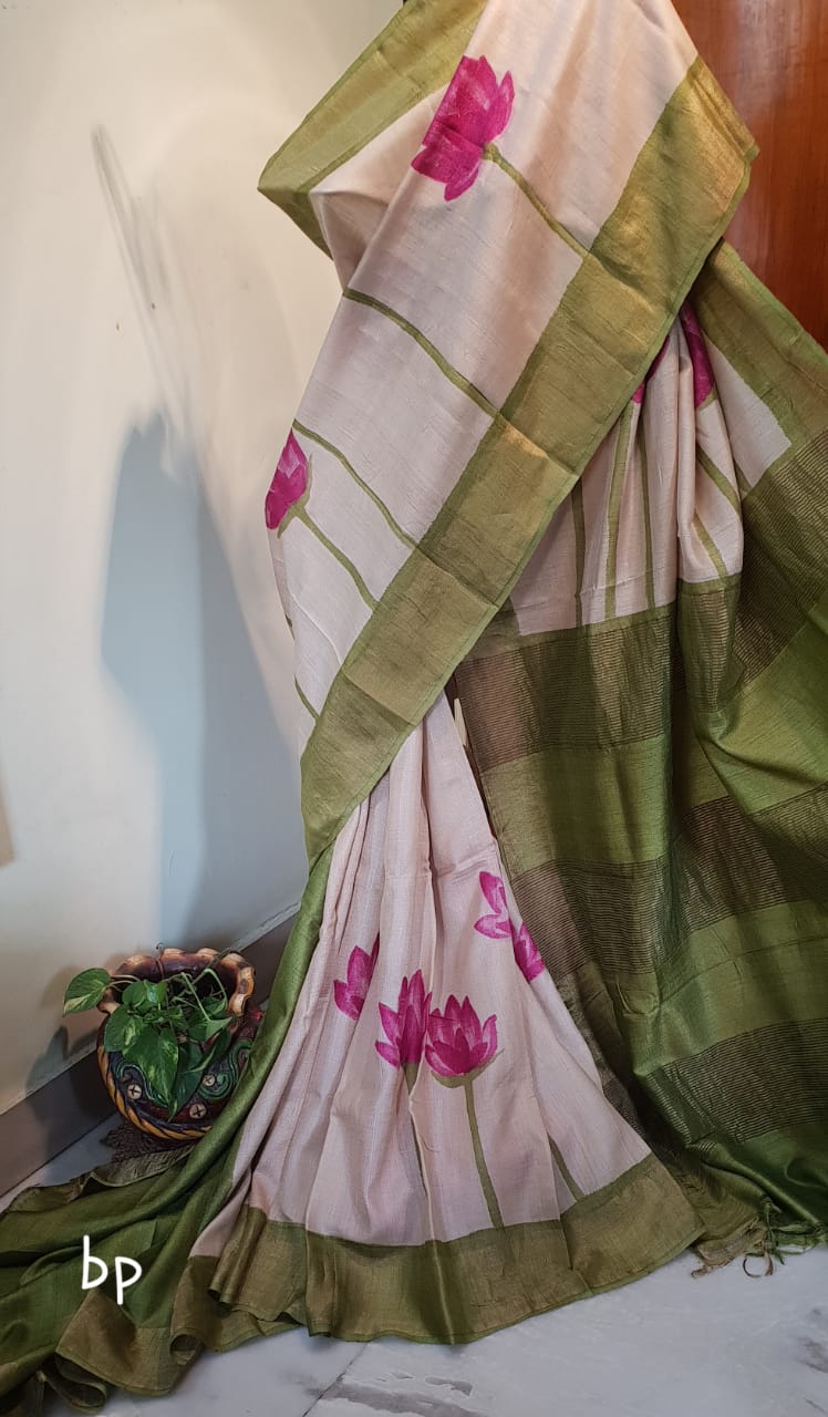 Beige Green Hand Painted Zari Border Pure Silk Mark Certified Tussar Silk Sarees - Dailybuyys