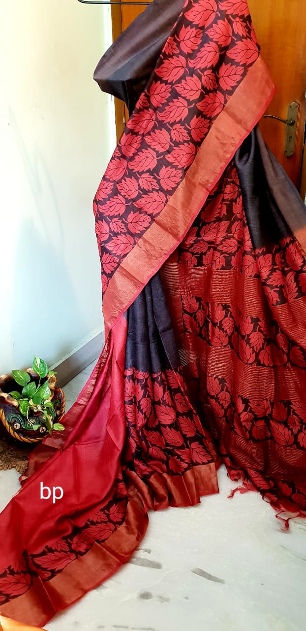 Red Black Zari KK Block Printed Zari Border Pure Silk Mark Certified Tussar Silk Sarees - Dailybuyys