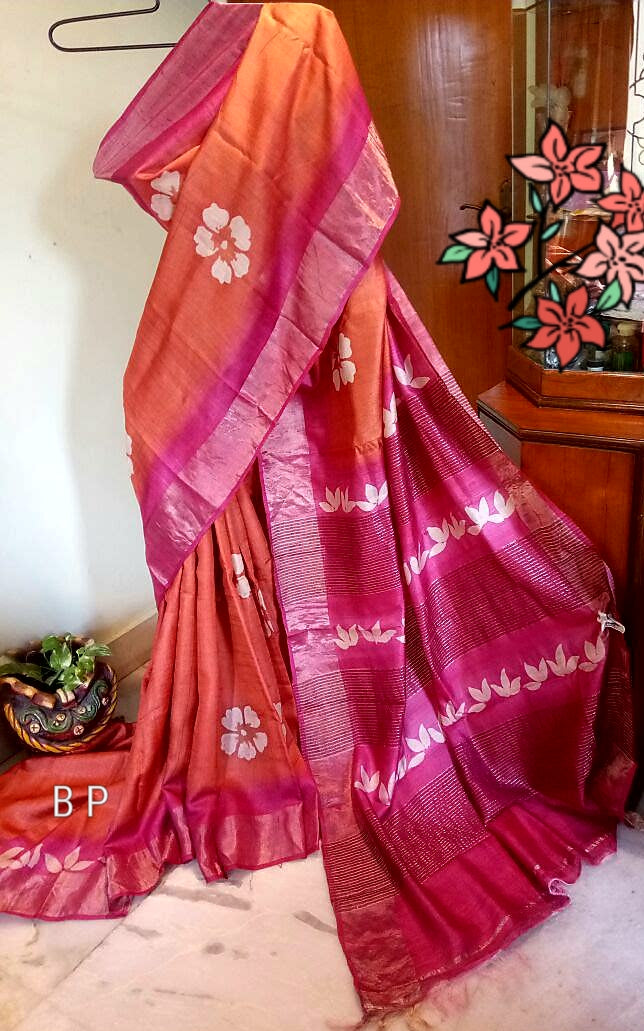 Orange Purple Zari KK Block Printed Zari Border Pure Silk Mark Certified Tussar Silk Sarees - Dailybuyys