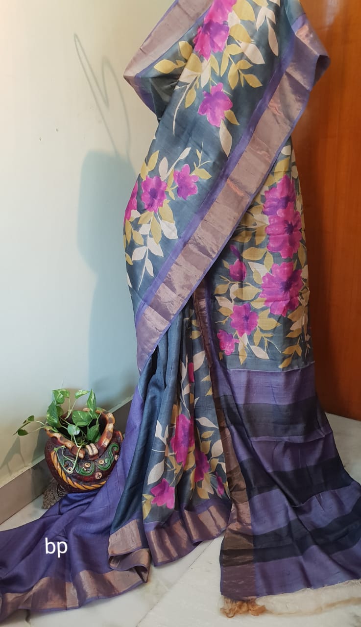 Grey Zari KK Hand Painted Zari Border Pure Silk Mark Certified Tussar Silk Sarees - Dailybuyys