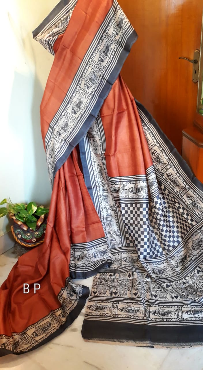Orange Black Block Printed Pure Silk Mark Certified Tussar Silk Sarees - Dailybuyys