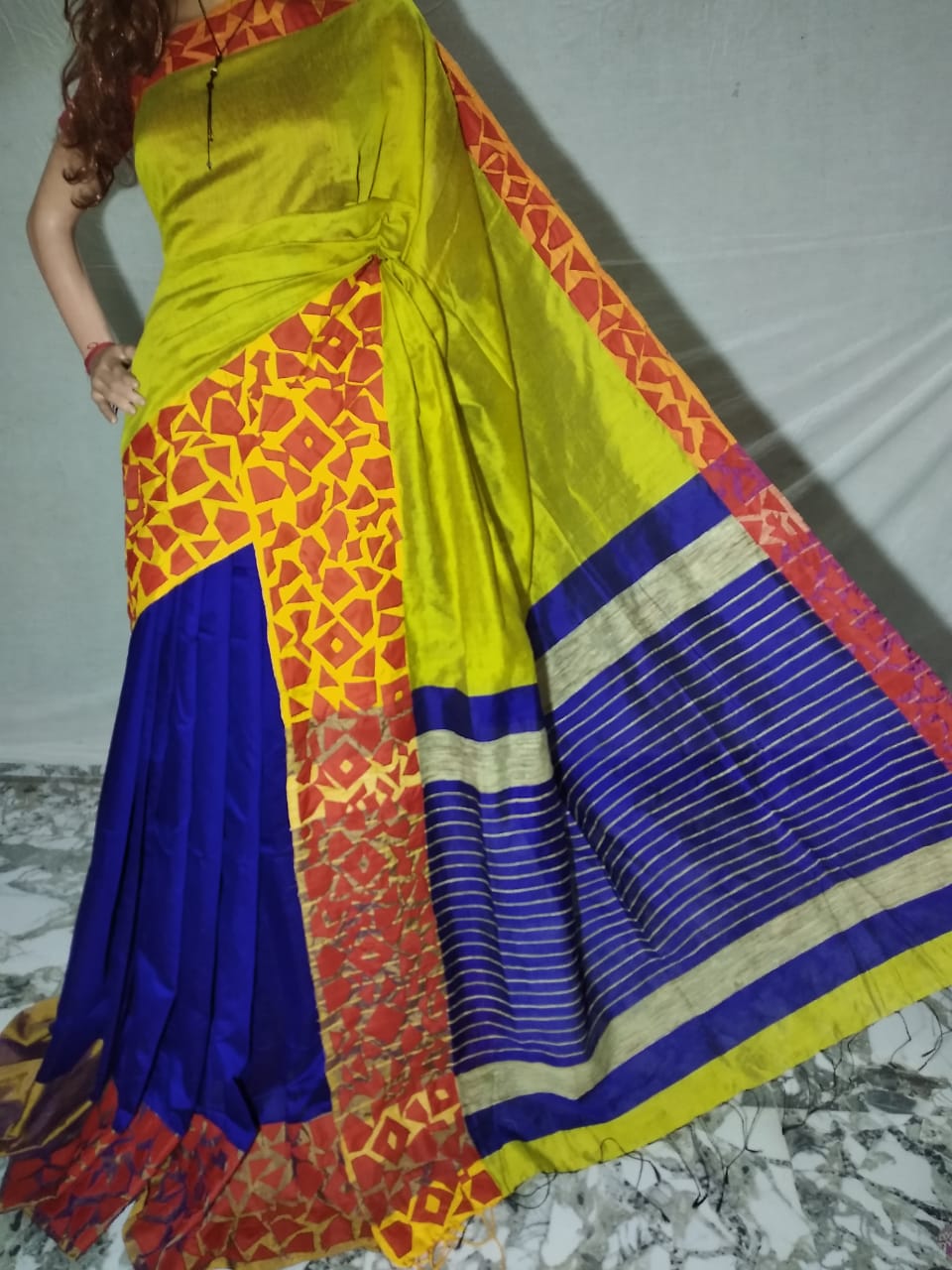Yellow Blue Mahapar Applique Sarees - Dailybuyys