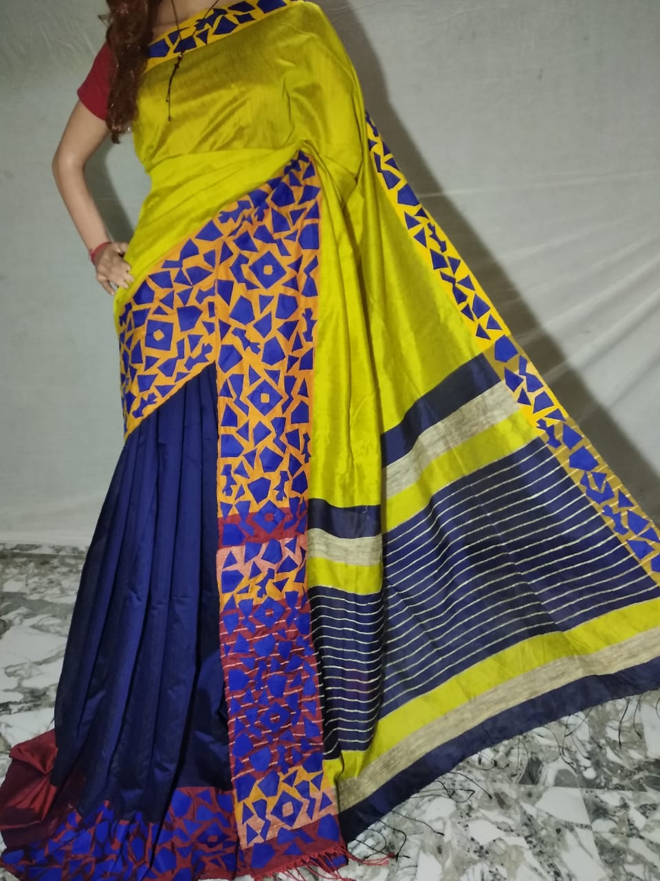 Yellow Blue Mahapar Applique Sarees - Dailybuyys