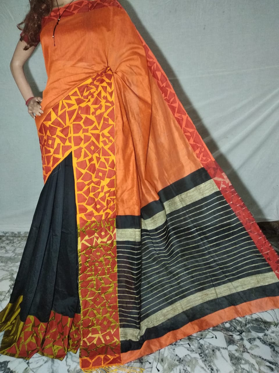 Orange Black Mahapar Applique Sarees - Dailybuyys
