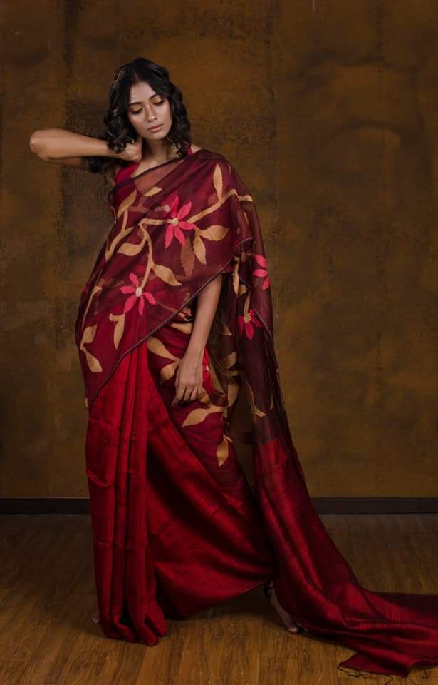 Maroon Matka Silk Mark Certified Muslin Jamdani Sarees - Dailybuyys