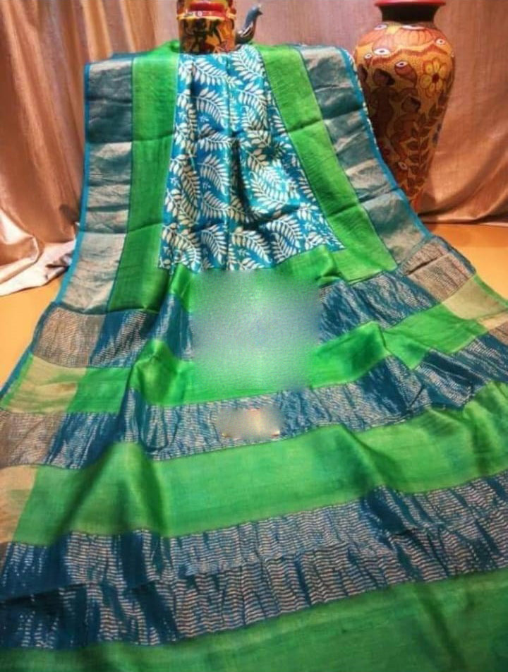 Green Blue Block Printed Zari Border Pure Silk Mark Certified Tussar Silk Sarees - Dailybuyys