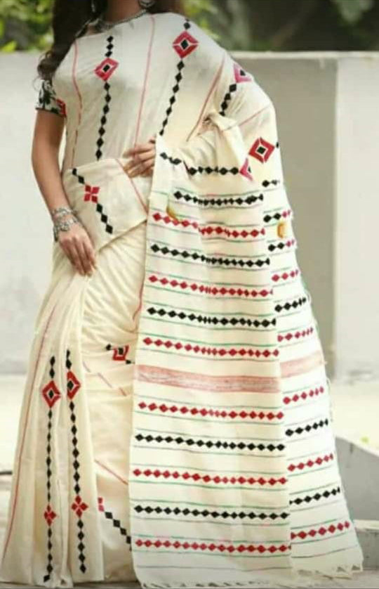 Beige Khesh Applique Work Pure Khadi Sarees - Dailybuyys