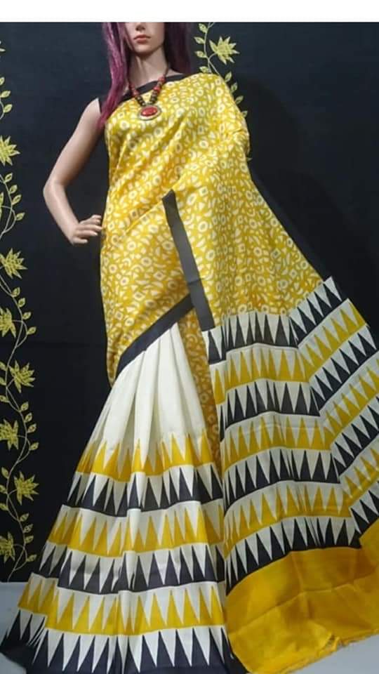 Yellow Beige Block Printed Pure Silk Mark Certified Bishnupuri Silk Sarees - Dailybuyys