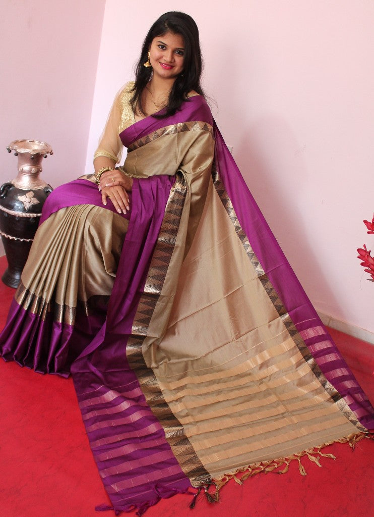 Beige Purple Beautiful Pure Silk Sarees - Dailybuyys