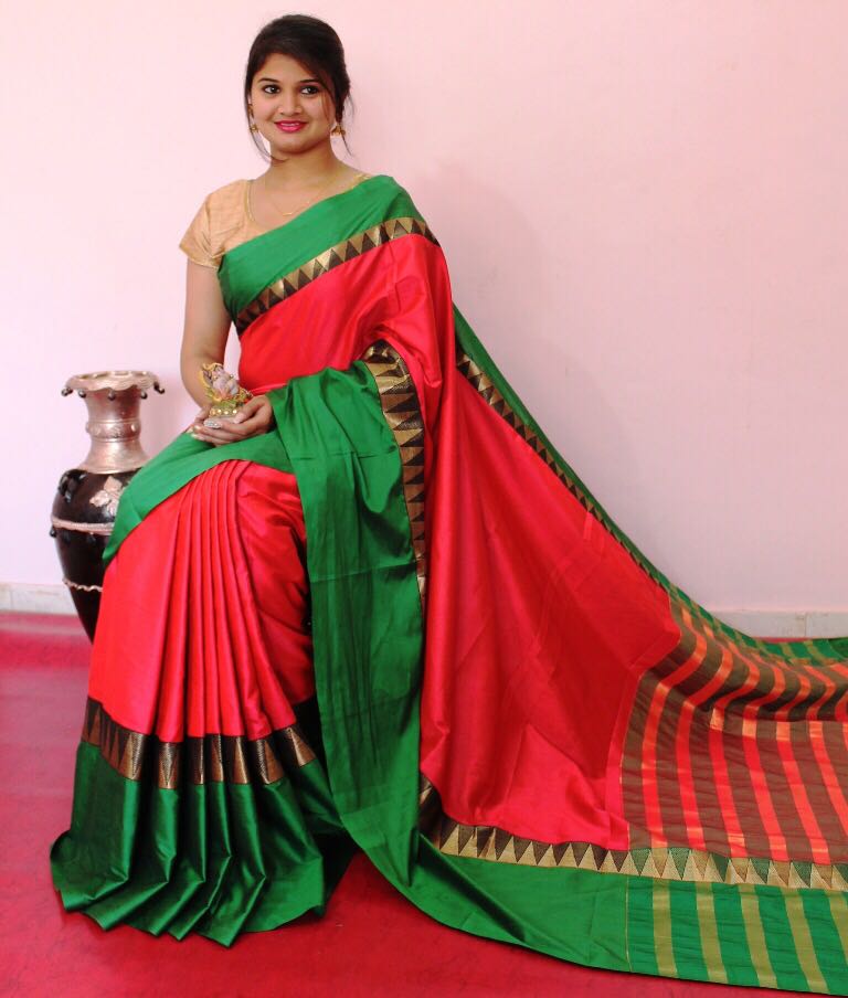 Red Green Beautiful Pure Silk Sarees - Dailybuyys