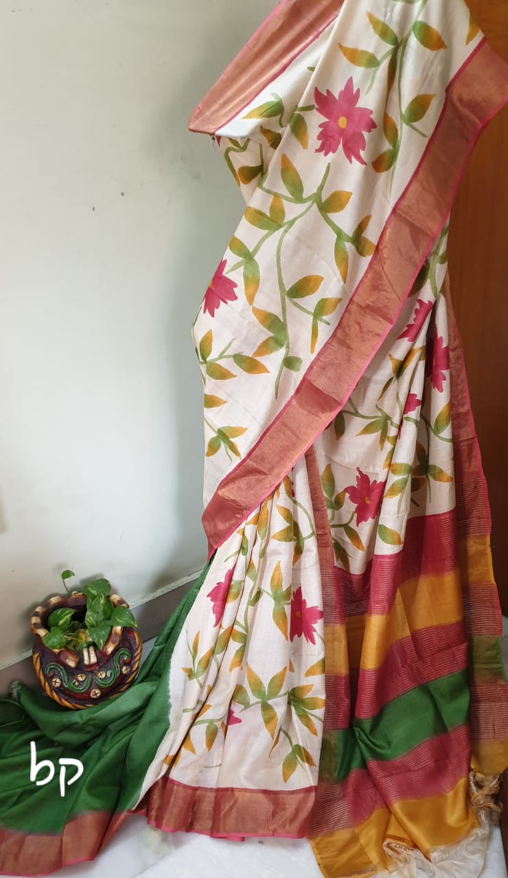 Beige Hand Painted Zari Border Pure Silk Mark Certified Tussar Silk Sarees - Dailybuyys