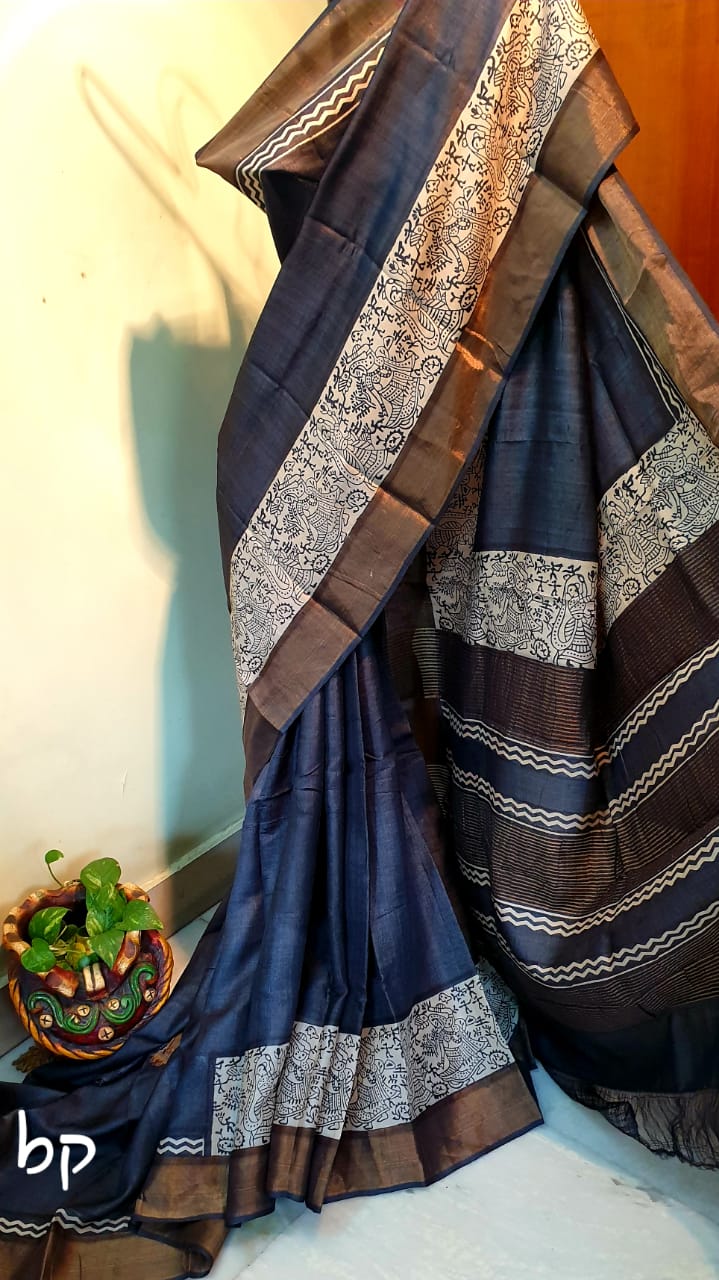 Grey Block Printed Zari Border Pure Silk Mark Certified Tussar Silk Sarees - Dailybuyys