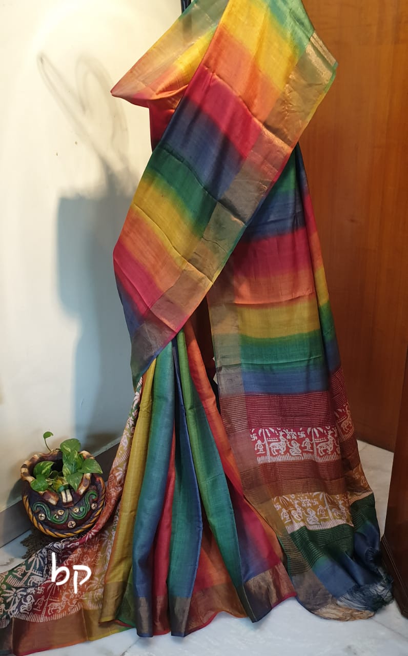 Green Yellow Block Printed Zari Border Pure Silk Mark Certified Tussar Silk Sarees - Dailybuyys