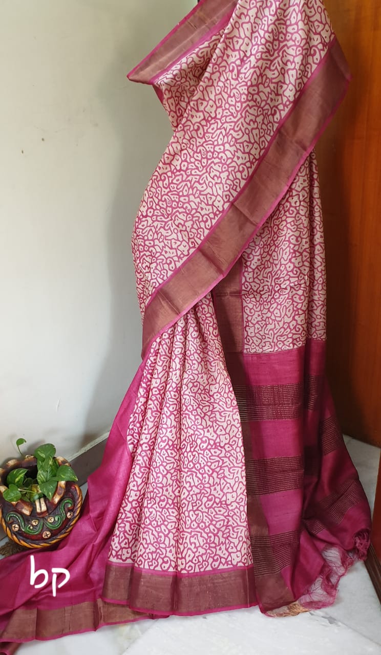 Pink Purple Block Printed Zari Border Pure Silk Mark Certified Tussar Silk Sarees - Dailybuyys