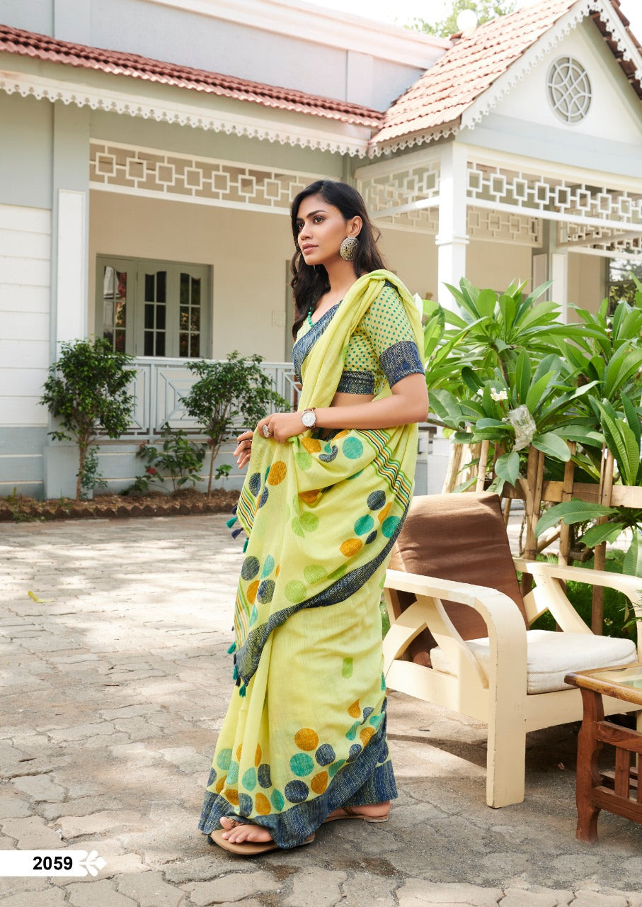 Green Yellow Pure Linen Sarees - Dailybuyys