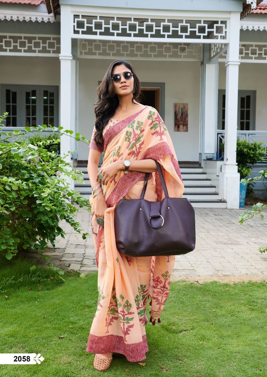 Beige Pink Pure Linen Sarees - Dailybuyys