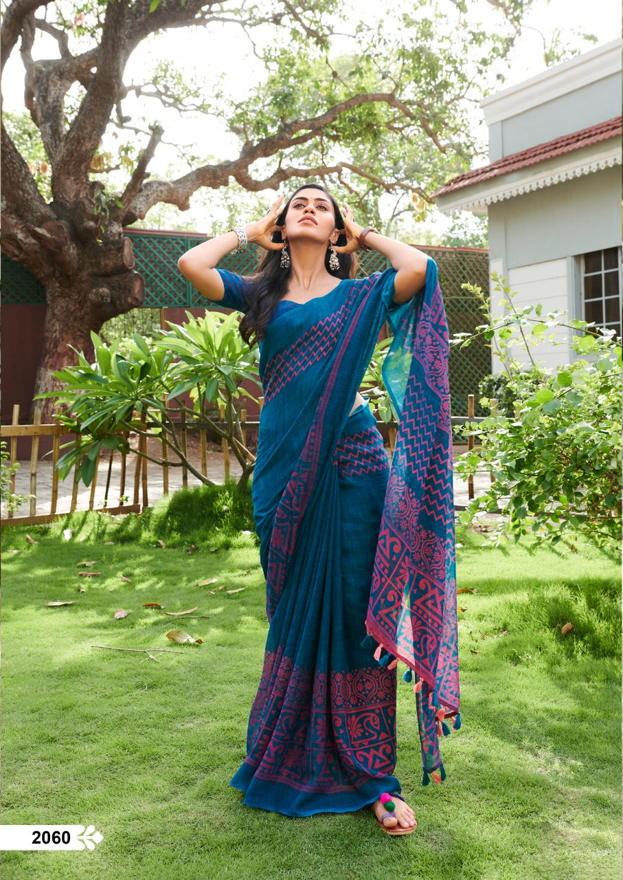 Blue Pure Linen Sarees - Dailybuyys