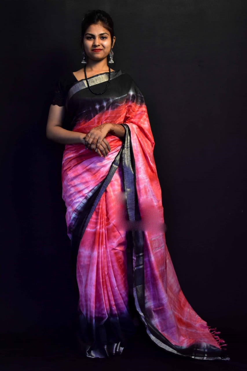 Pink Black Pure Cotton Handloom Sarees - Dailybuyys