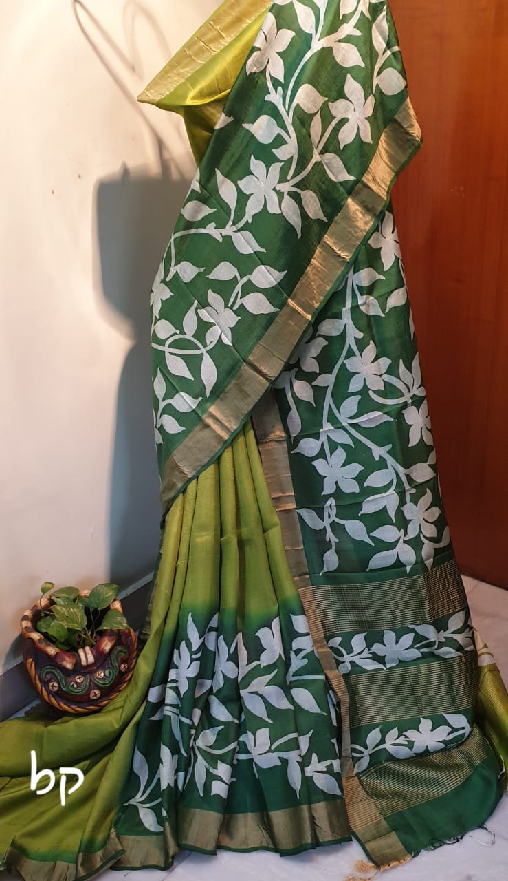 Green Hand Painted Zari Border Pure Silk Mark Certified Tussar Silk Sarees - Dailybuyys