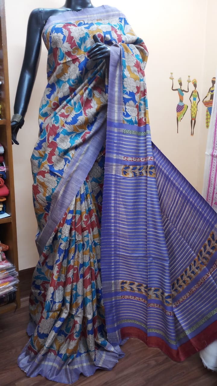 Blue Beige Hand Painted Zari Border Pure Silk Mark Certified Tussar Silk Sarees - Dailybuyys