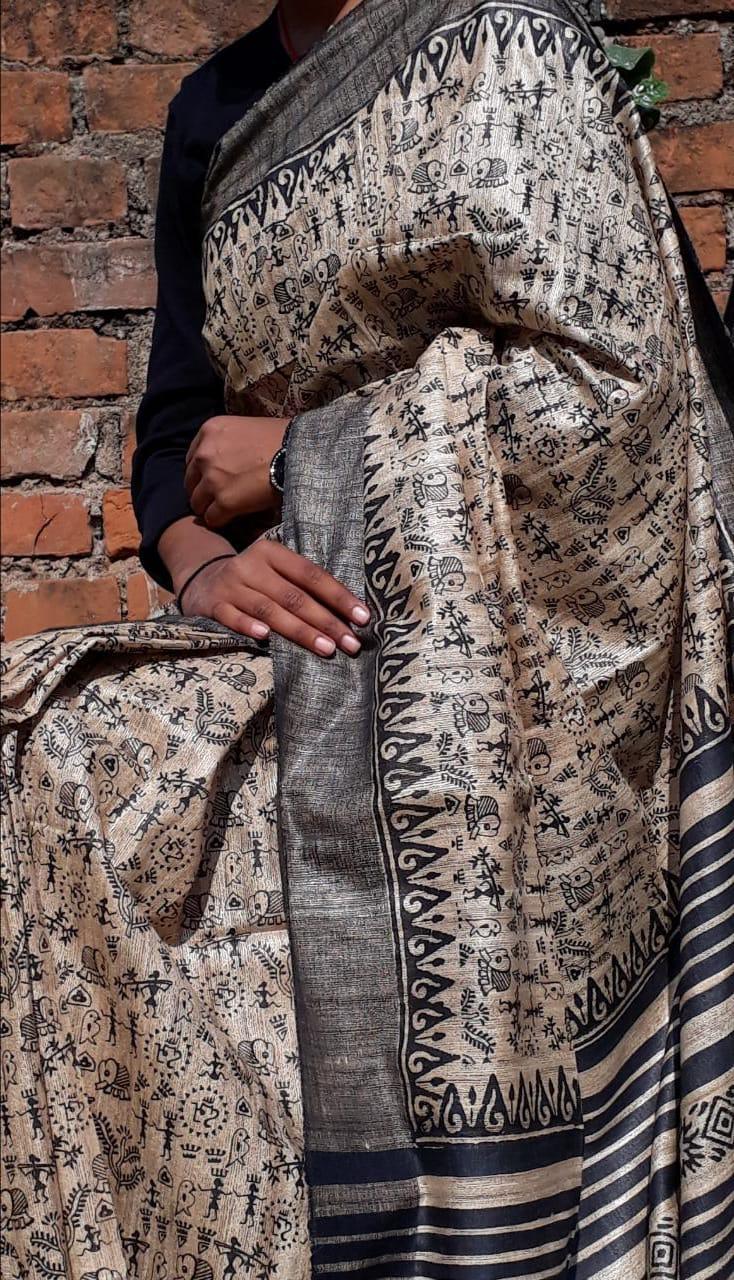 Beige Printed Pure Silk Mark Certified Tussar Ghicha Silk Sarees - Dailybuyys