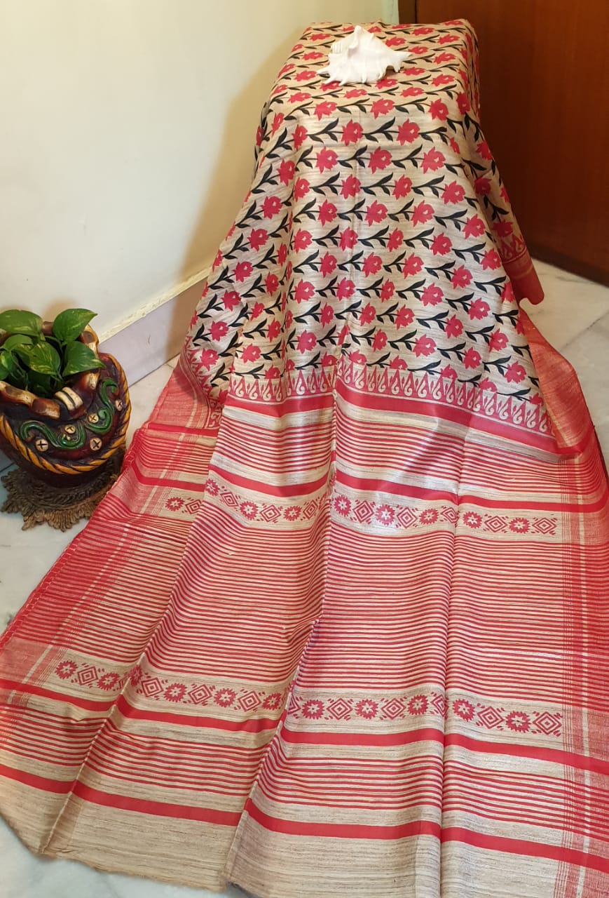 Beige Red Printed Pure Silk Mark Certified Tussar Ghicha Silk Sarees - Dailybuyys