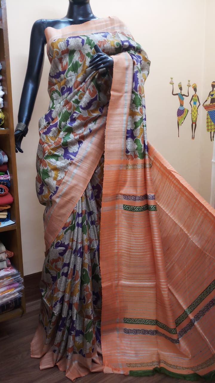 Beige Printed Pure Silk Mark Certified Tussar Ghicha Silk Sarees - Dailybuyys