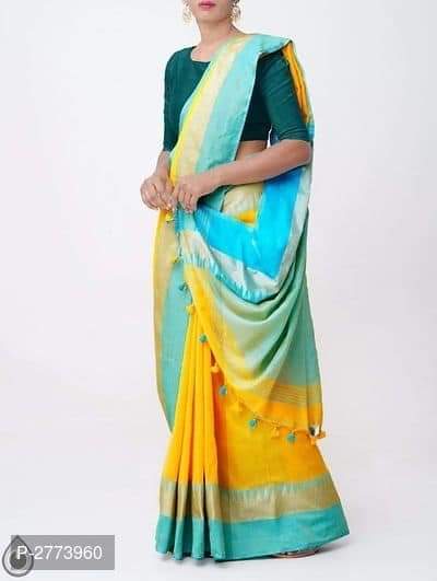 Yellow Blue Designer Pure Cotton Handloom Sarees - Dailybuyys