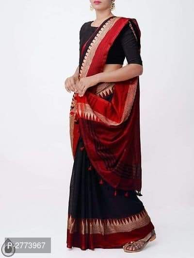 Black Red Designer Pure Cotton Handloom Sarees - Dailybuyys