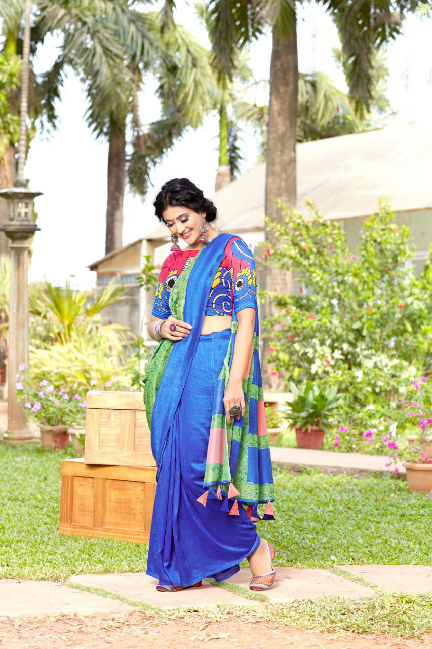 Blue Beautiful Silk Pure Linen Sarees - Dailybuyys
