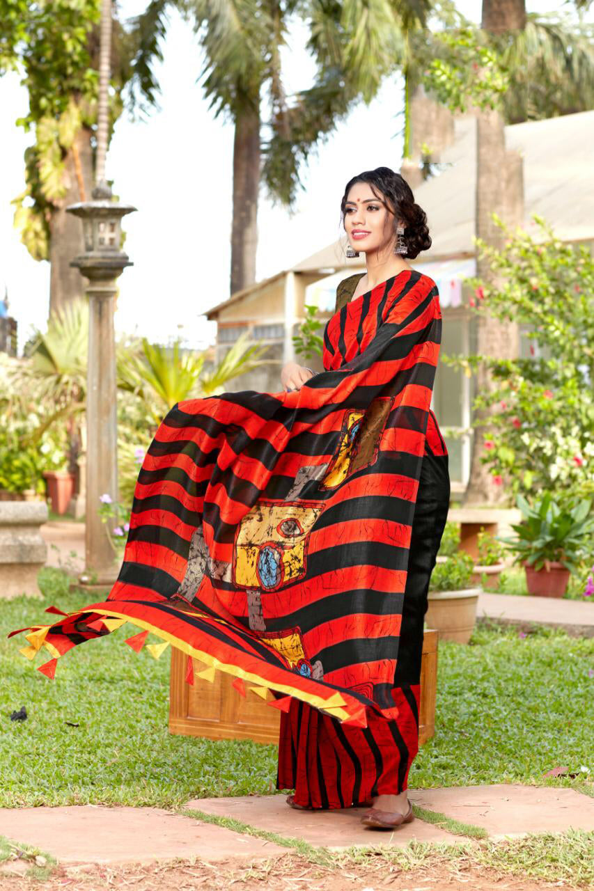 Black Red Beautiful Silk Pure Linen Sarees - Dailybuyys