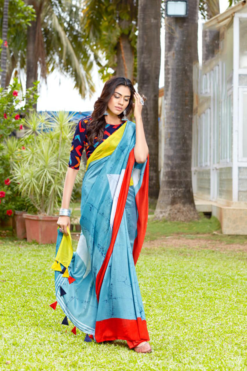 Blue Beautiful Silk Pure Linen Sarees - Dailybuyys