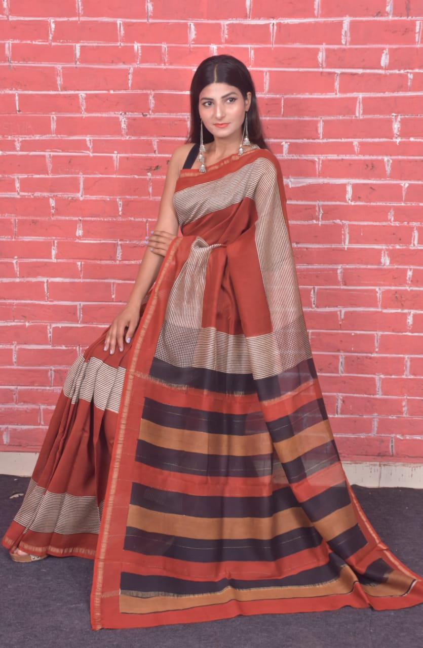 Red Bagru Print Chanderi Silk Sarees - Dailybuyys