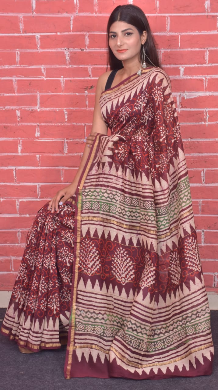 Maroon Bagru Print Chanderi Silk Sarees - Dailybuyys