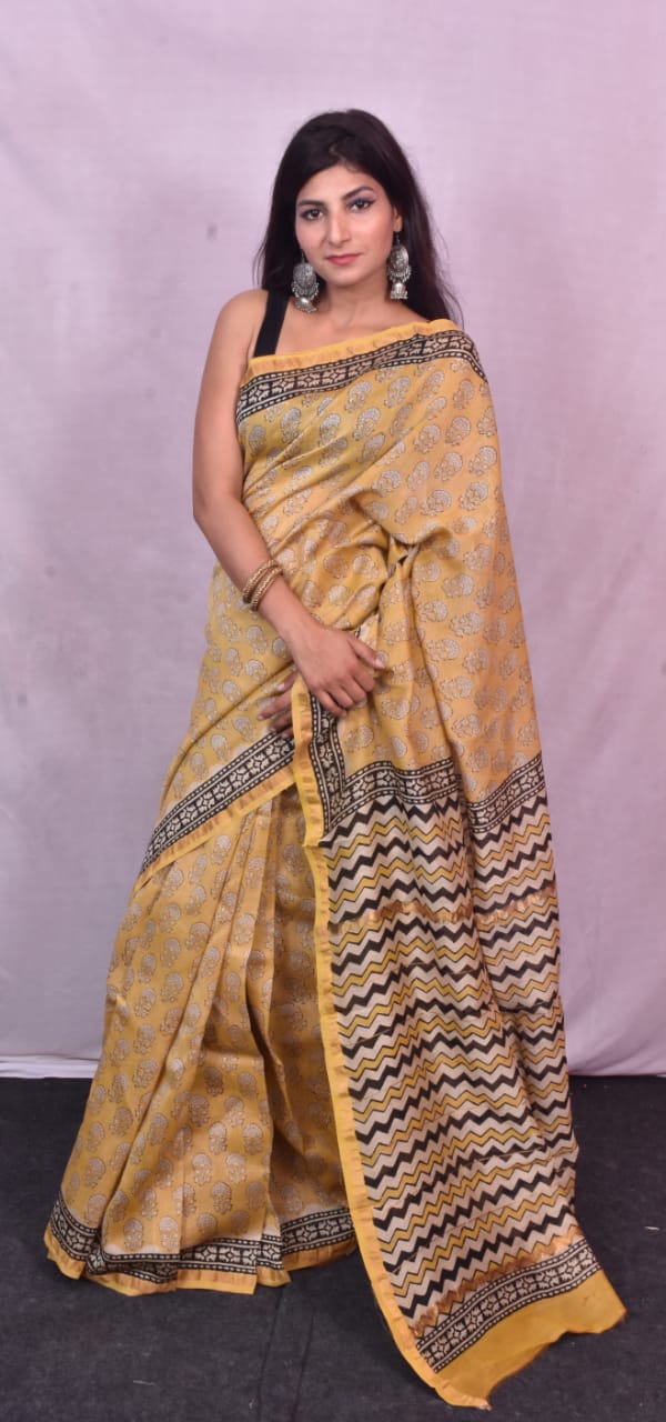 Yellow Bagru Print Chanderi Silk Sarees - Dailybuyys