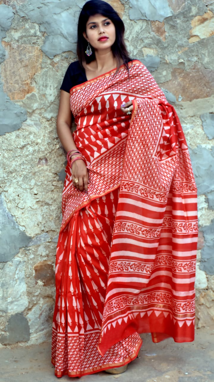 Red Bagru Print Chanderi Silk Sarees - Dailybuyys