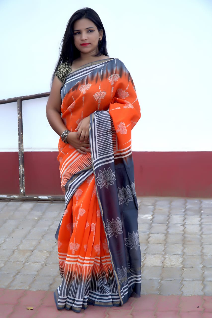 Orange Bagru Print Chanderi Silk Sarees - Dailybuyys