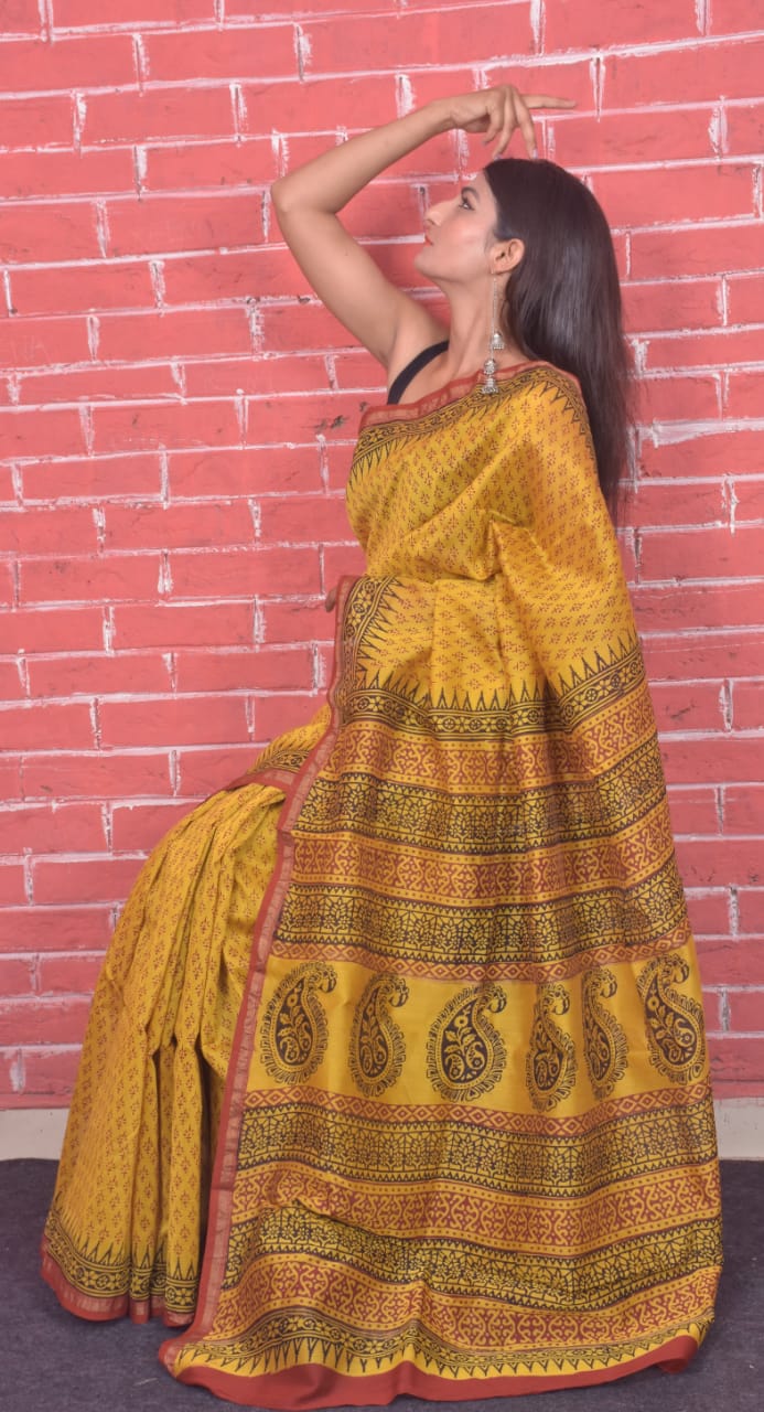 Yellow Bagru Print Chanderi Silk Sarees - Dailybuyys