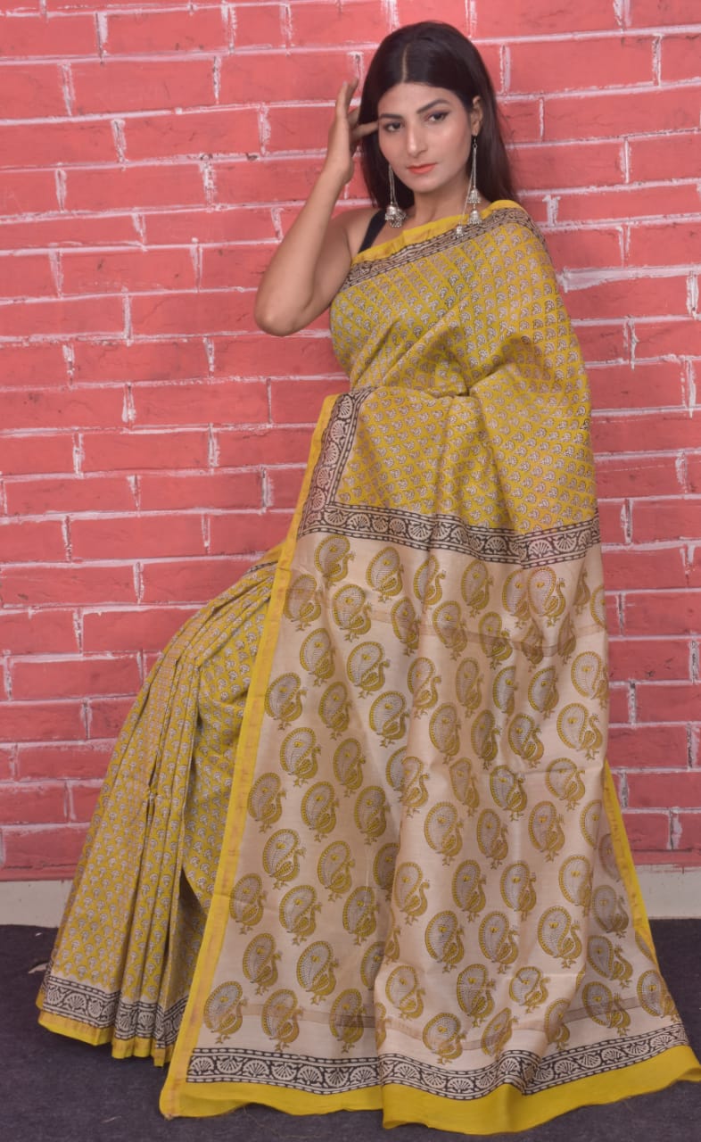 Yellow Bagru Print Chanderi Silk Sarees - Dailybuyys