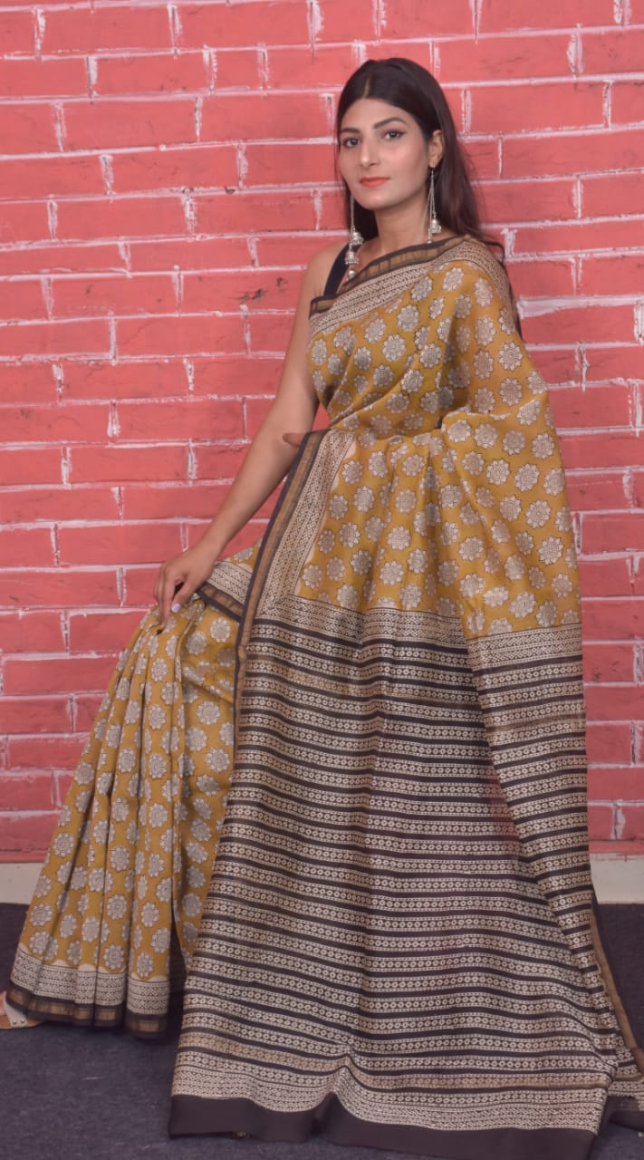 Yellow Bagru Print Chanderi Silk Sarees - Dailybuyys