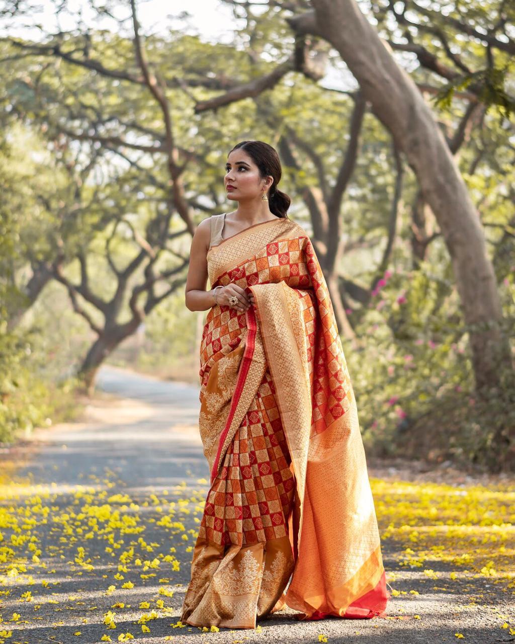 Orange Handloom Weaving Banarasi Silk Sarees - Dailybuyys
