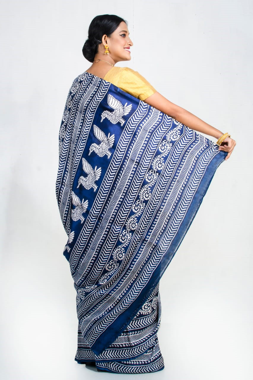 Blue Block Printed Pure Silk Mark Certified Murshidabad Silk Sarees - Dailybuyys