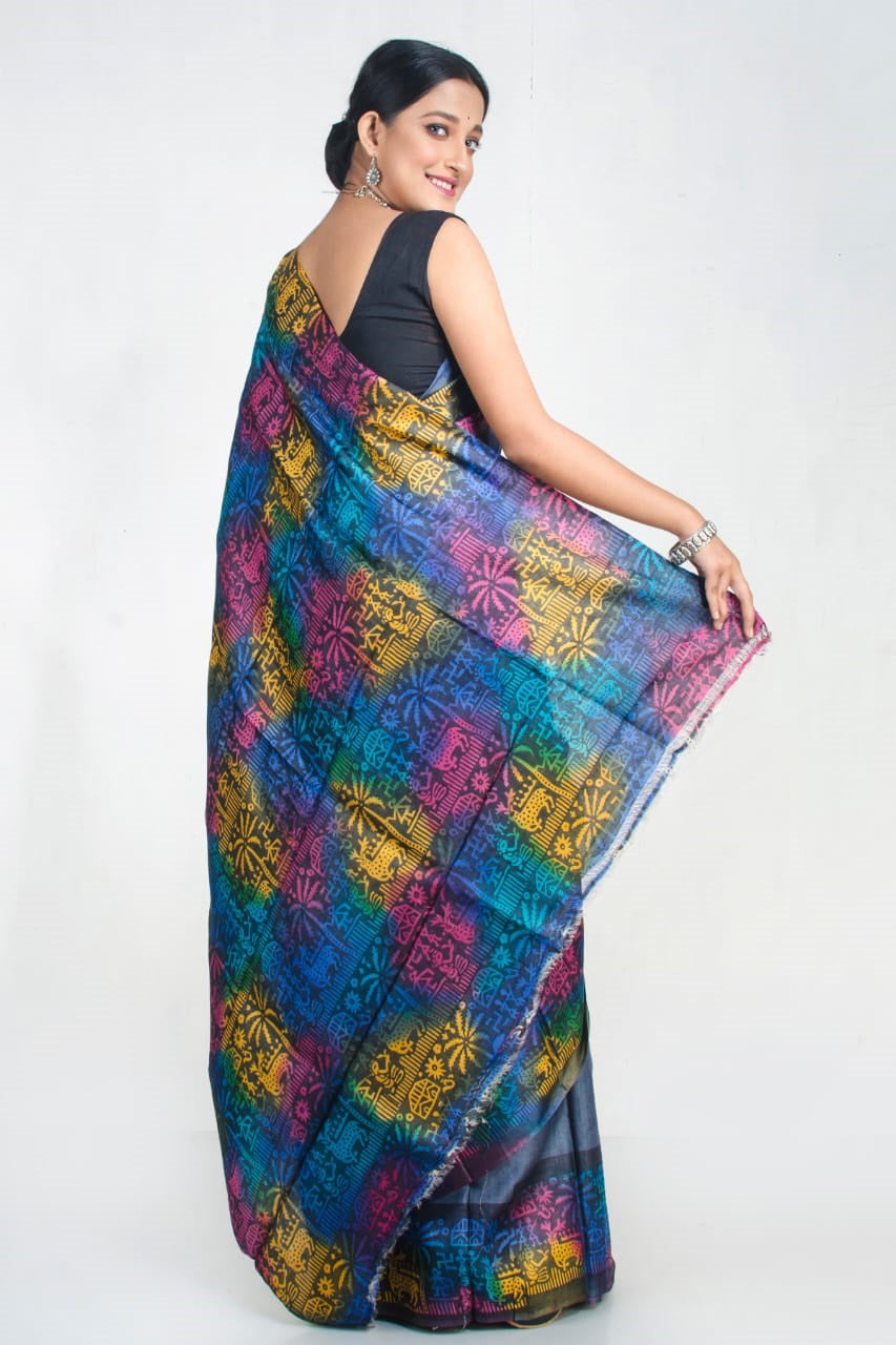 Greyish Blue Block Printed Pure Silk Mark Certified Tussar Silk Sarees - Dailybuyys