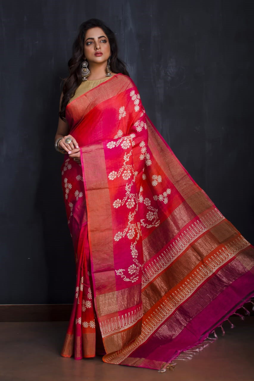 Red Rani Pink Designer Block Printed Zari Border KK Pure Silk Mark Certified Tussar Silk Sarees - Dailybuyys