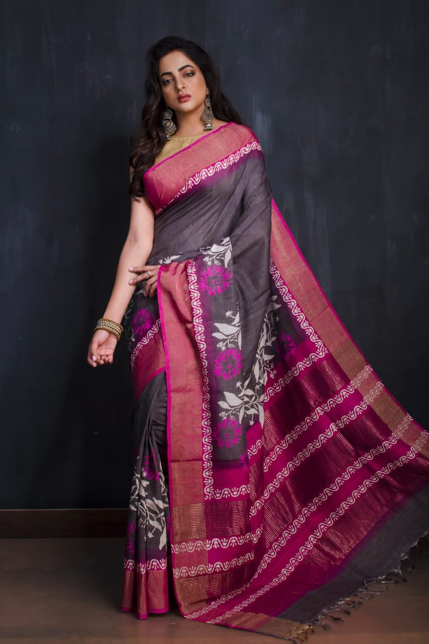 Black Purple Block Printed Zari Border Pure Silk Mark Certified Tussar Silk Sarees - Dailybuyys