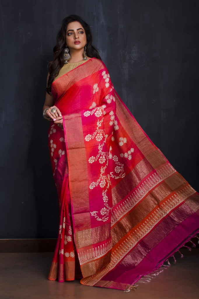 Red Rani Pink Designer Block Printed Zari Border KK Pure Silk Mark Certified Tussar Silk Sarees