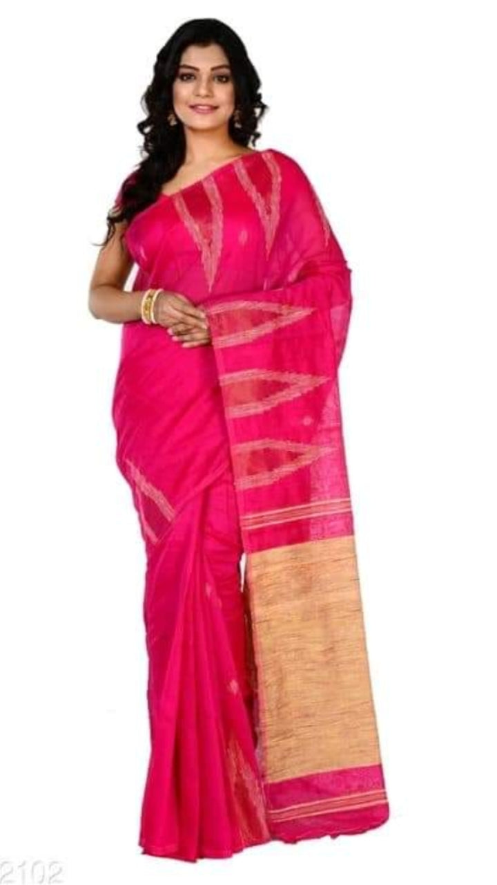 Pink Bengal Handloom Temple Border Sarees - Dailybuyys