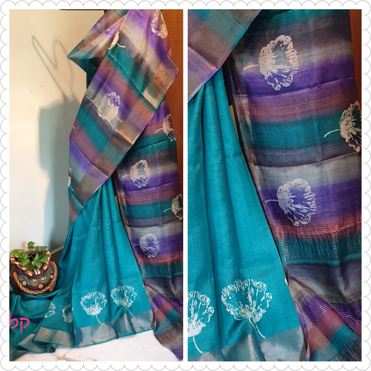 Blue Block Printed Zari Border Pure Silk Mark Certified Tussar Silk Sarees - Dailybuyys