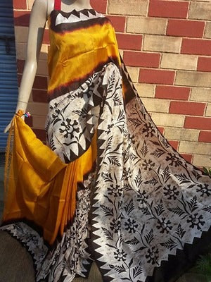 Yellow Beige Hand Painted Pure Silk Mark Certified Bishnupuri Silk Sarees - Dailybuyys