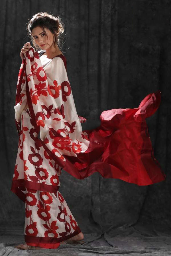 Red Beige Hand Painted Pure Silk Mark Certified Bishnupuri Silk Sarees - Dailybuyys